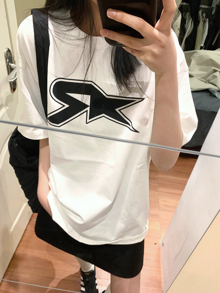 200克 克精梳純棉新款T恤女寬鬆大碼設計潮牌版印花上衣