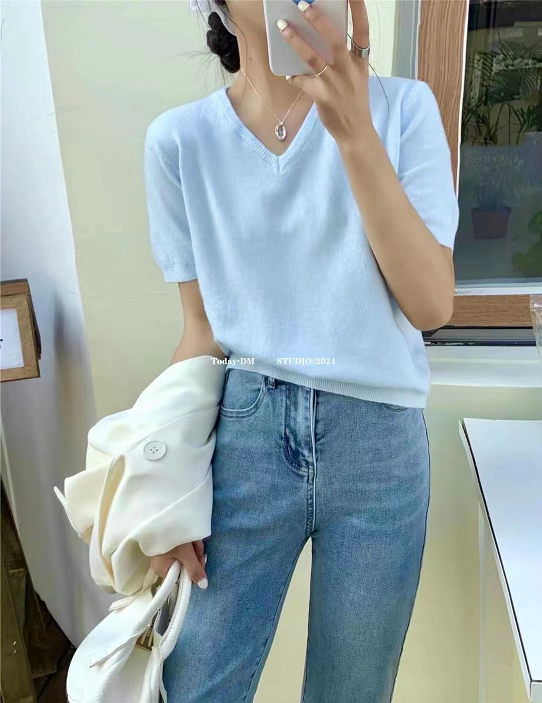 BB家韓系溫柔風蜜桃粉正肩v領毛針織短袖套頭女春夏寬鬆顯瘦上衣