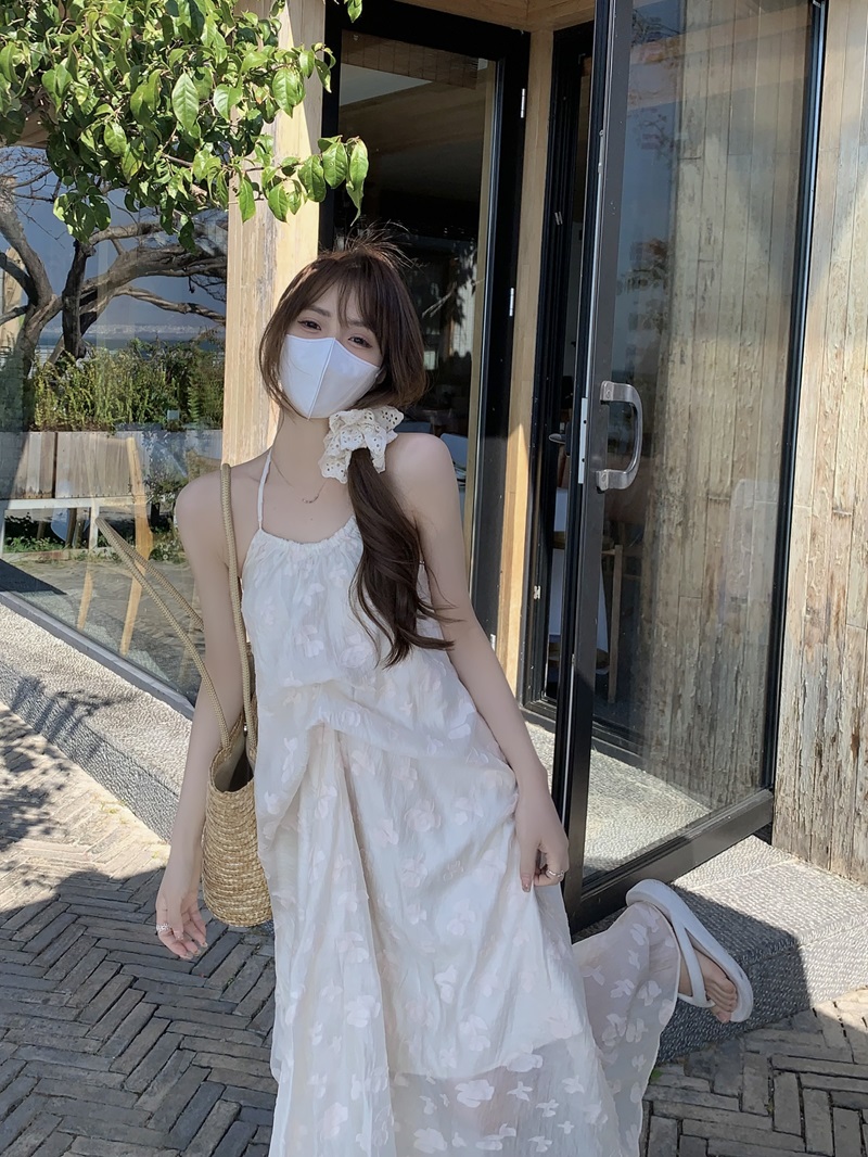 實拍  夏季度假風海邊掛脖大露背氣質性感純欲長裙