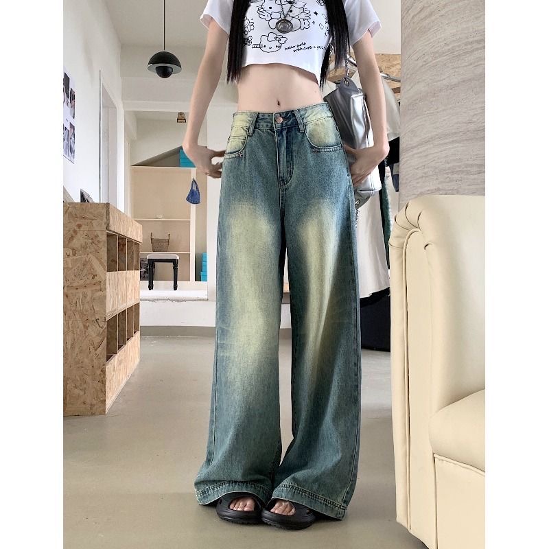 復古直筒牛仔褲女春季2024新款高腰寬鬆顯瘦闊腿拖地褲子