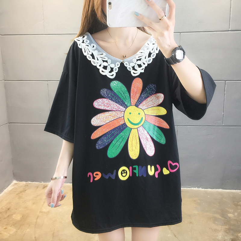 實拍8515棉2024夏季新款寬鬆前後V領潮流印花短袖T恤女