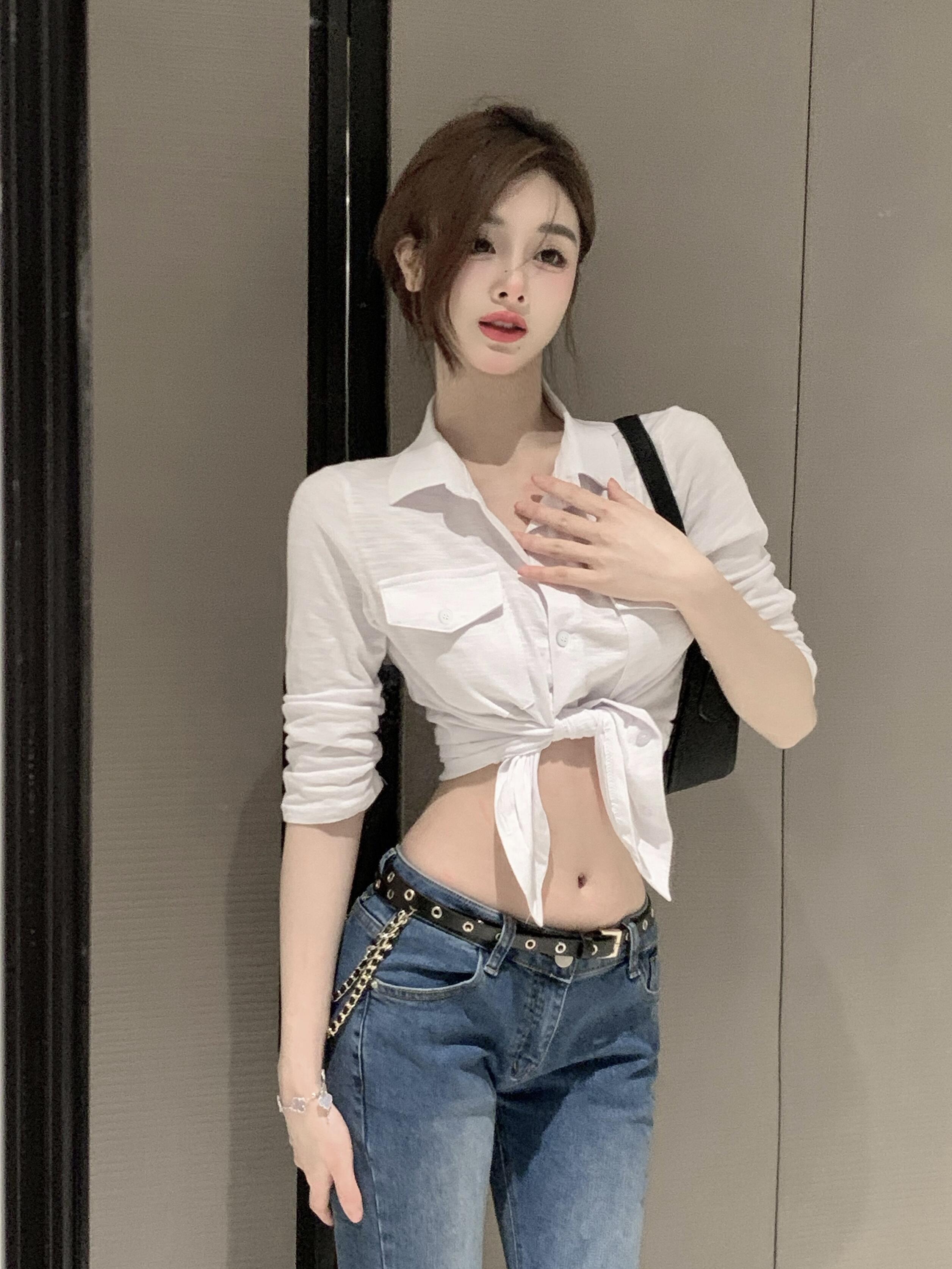 實拍 辣妹polo領白色襯衫小眾修身中長袖上衣女