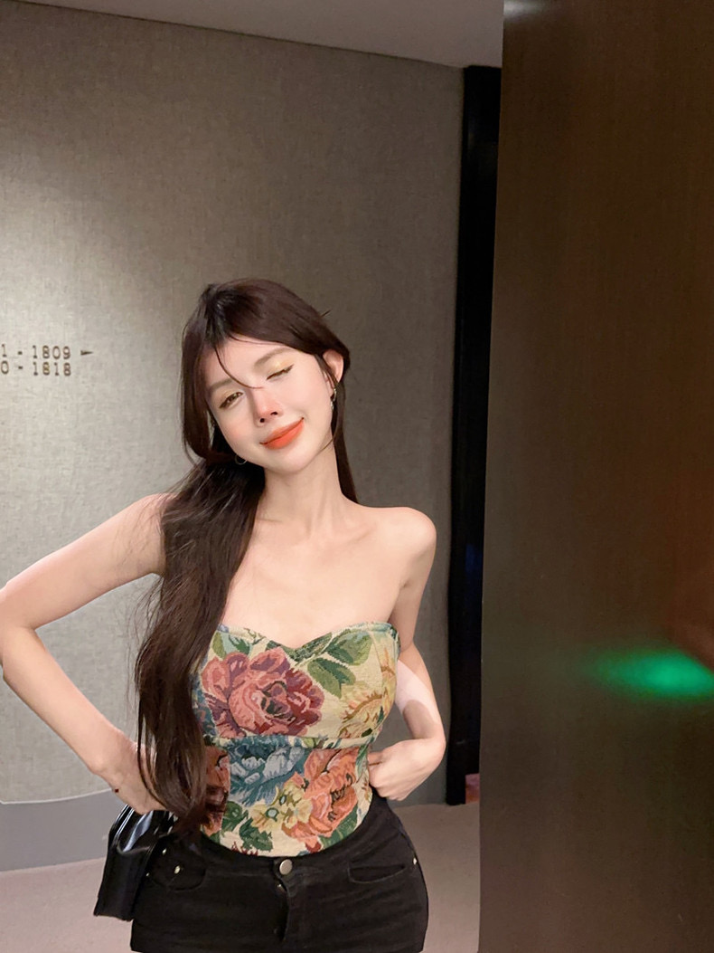 甜辣妹油畫碎花抹胸背心女短款性感美背裹胸內搭泰式純欲上衣外穿