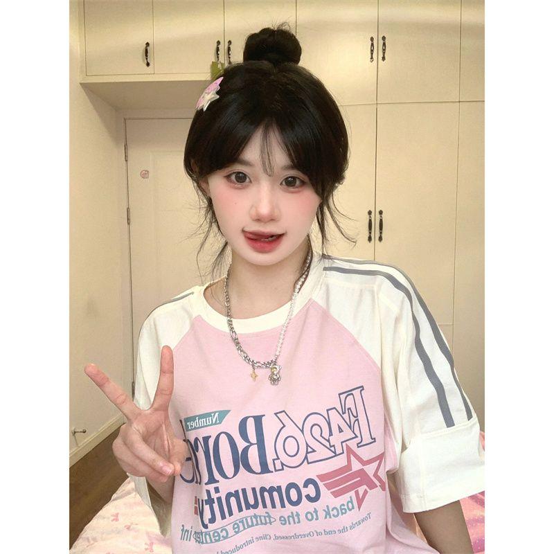 撞色拼接印花夏季短袖 21支純棉包肩領拉三條槓