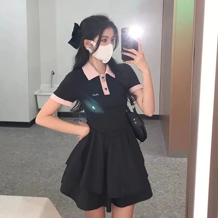 辣妹撞色polo領連衣裙女夏季小眾設計感收腰顯瘦綁帶裙遮肉襯衫裙