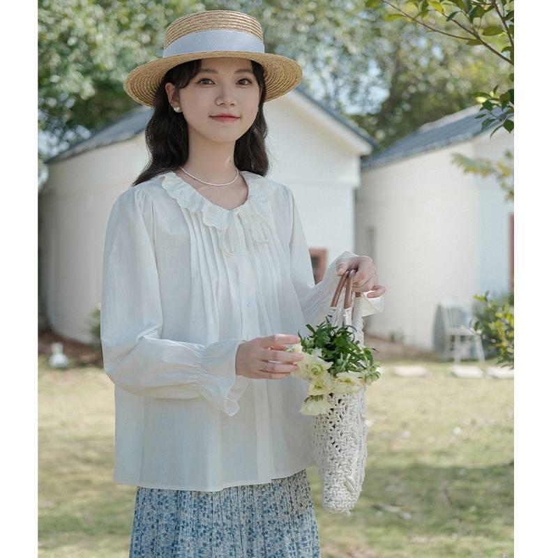 實拍法式甜美花邊娃娃領系帶襯衫女春季新款設計感小眾長袖上衣