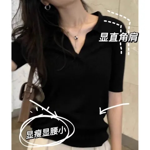 92棉/8氨綸 黑色polo領短袖t恤女夏季薄款翻領設計感小眾上衣