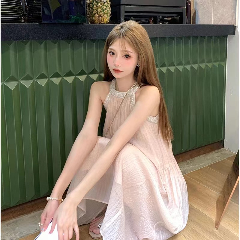 珍珍家法式奶系掛脖公主高級感減齡連衣裙長裙顯瘦裙子珍珠晚宴裙