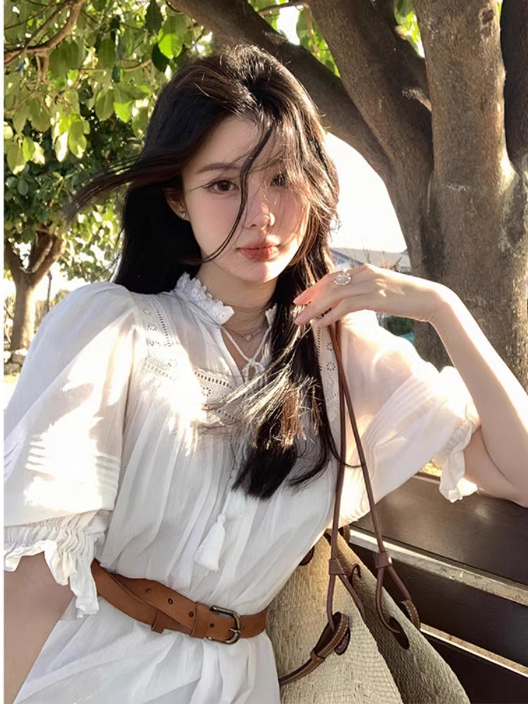 法式浪漫復古垂墜感收腰白色連衣裙女春夏2024新款氣質仙氣超好看