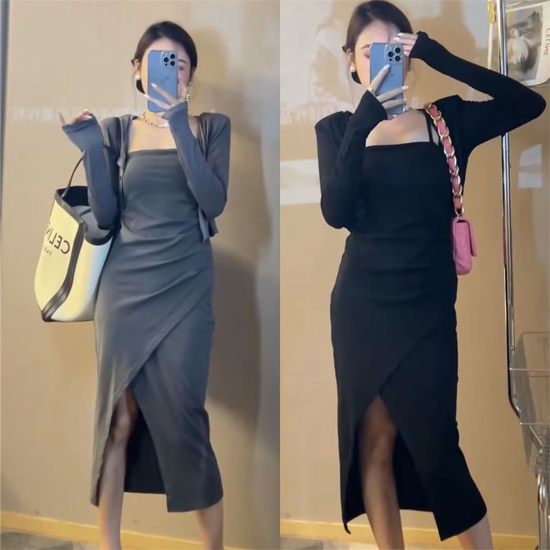修身小心機開叉褶皺收腰打底吊帶連衣裙女春夏中長款包臀驚艷裙子