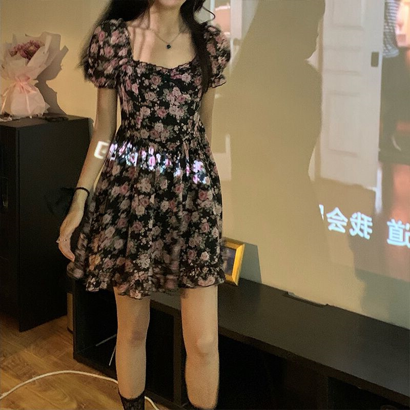 官圖 野玫瑰碎花連衣裙女夏茶歇裙初戀裙a字裙子