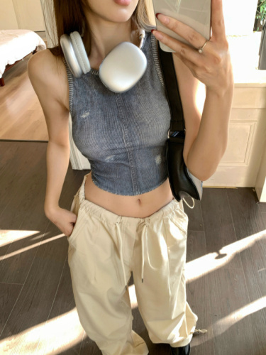 Actual shot~denim-like vest, imitation denim ripped hole printed vest