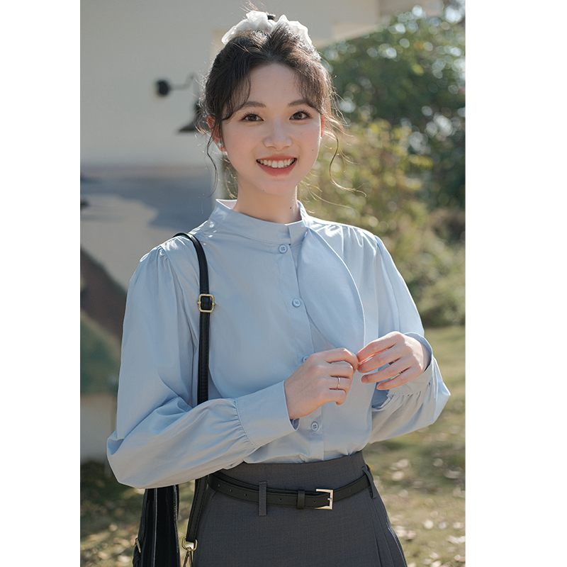 實拍氣質蝴蝶結飄帶藍色襯衫女2024春設計感復古長袖襯衣打底上衣