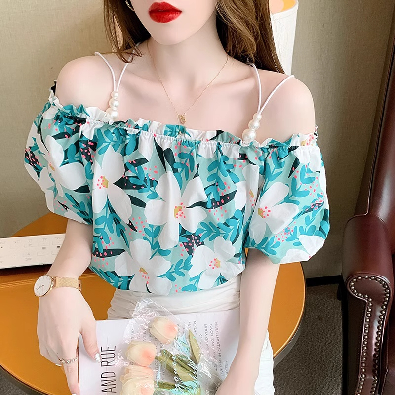 夏季新品性感珍珠鏈吊帶露肩花色上衣短袖港風韓版洋氣小衫女