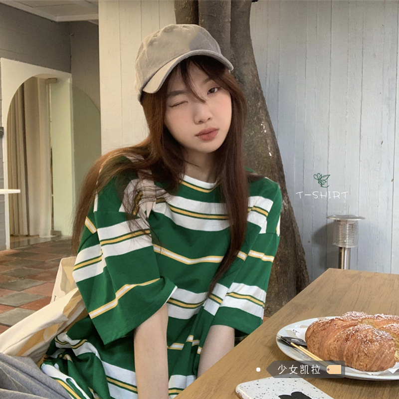 冰絲夏美式復古超火條紋短袖t恤女ins潮寬鬆設計感小眾上衣
