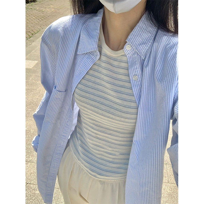 簡約百搭韓國chic春夏翻領藍色條紋防曬衣襯衫女長袖襯衣外套