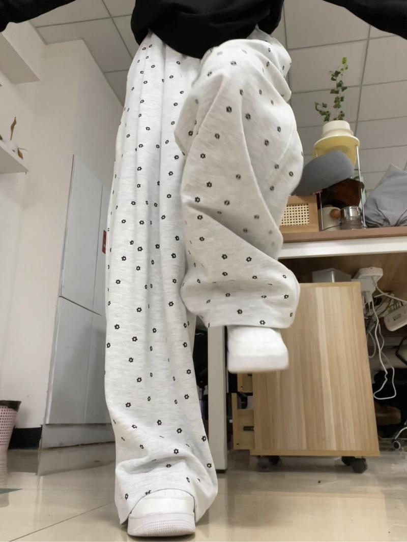 小花褲碎花白灰色運動衛褲女春秋季2024新款高腰薄款闊腿休閒長褲