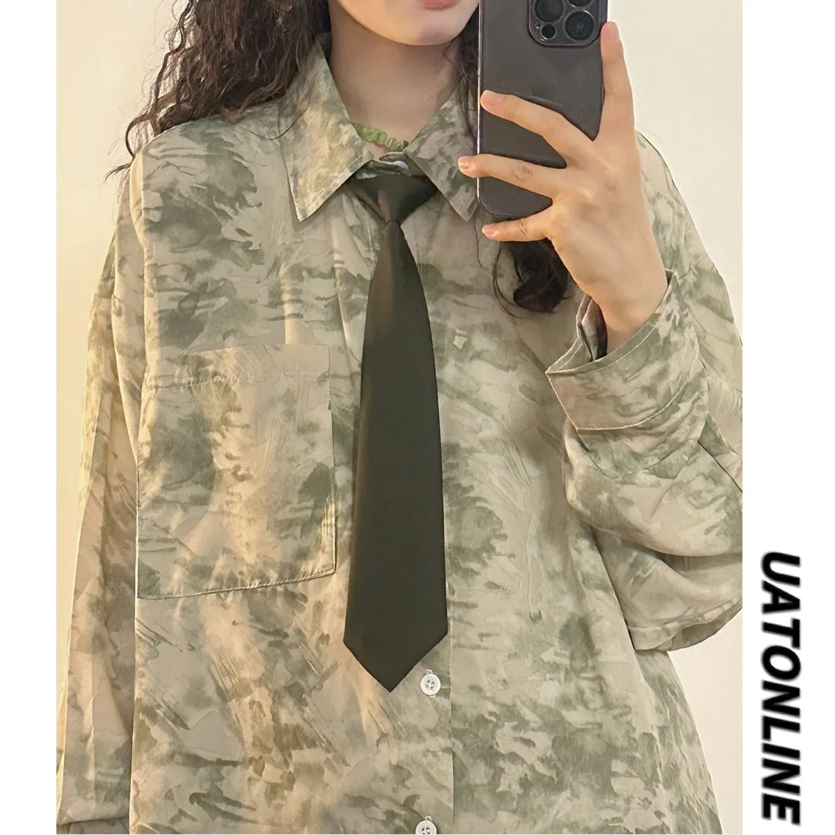春秋新款美式復古寬鬆港風扎染碎花領帶長袖襯衫外套女