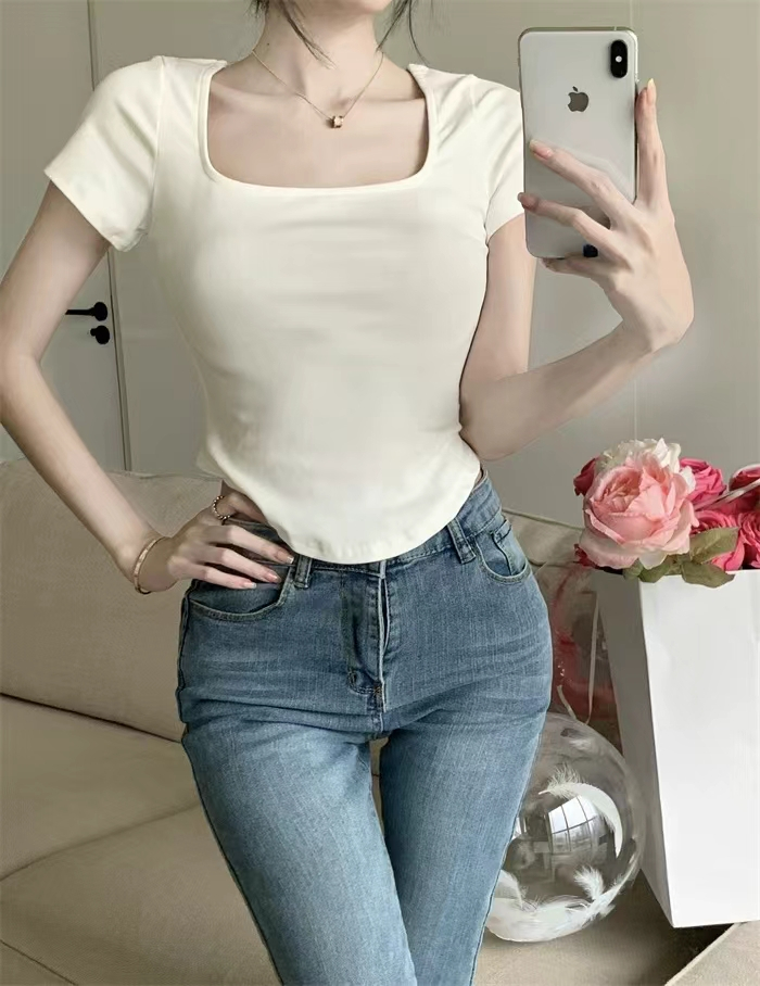純棉 方領短袖正肩T恤女夏季新款辣妹設計感弧形下擺修身短款上衣