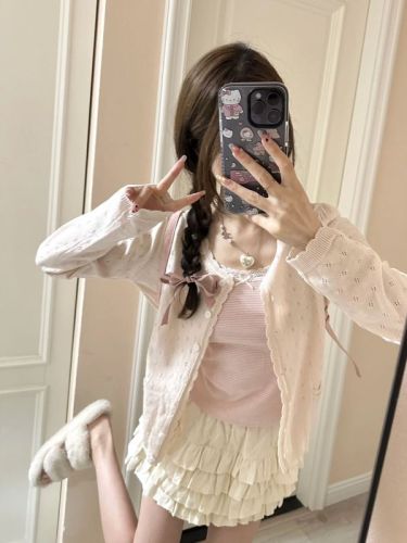 Japanese Retro Sweet Girl Fashion Knit Sweater Women 2024 Spring Fitted Slimming Short-Sleeve Cardigan Top Thin Jacket