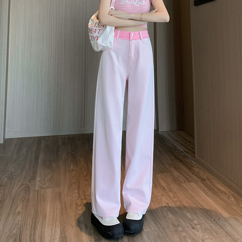 實拍 2024新款淺粉色高腰闊腿牛仔褲女高個子垂感加長直筒拖地褲