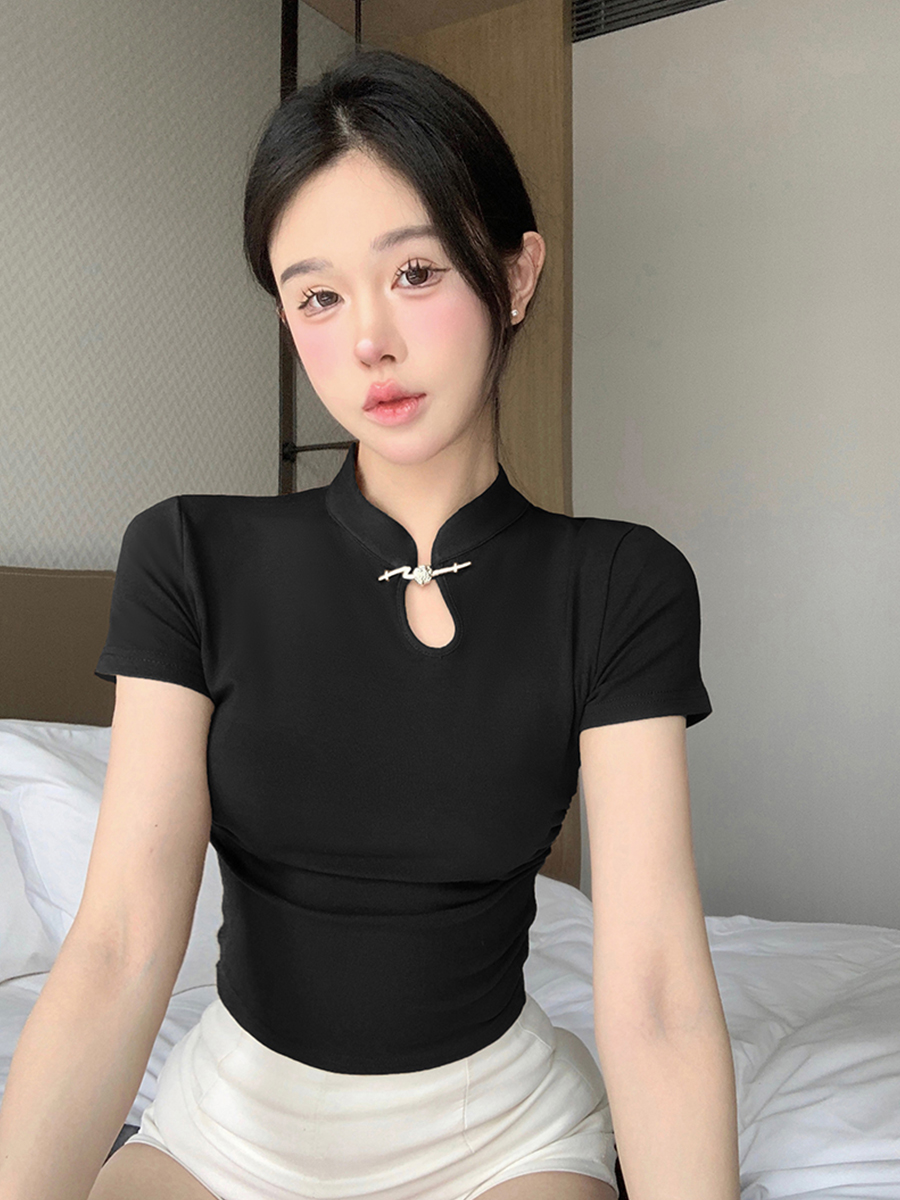 實拍  新中式國風改良旗袍短袖T恤女短款修身上衣