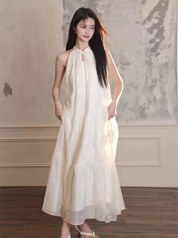 溫柔風端莊大氣白色無袖御姐風2024新款女夏天性感氣質飄逸連衣裙