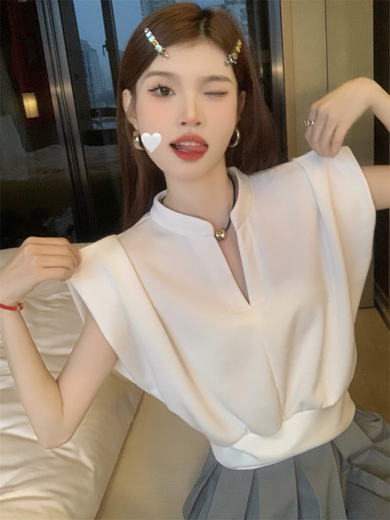 韓系復古港風立領襯衫女夏季高級感百搭V領收腰背心小衫上衣實拍