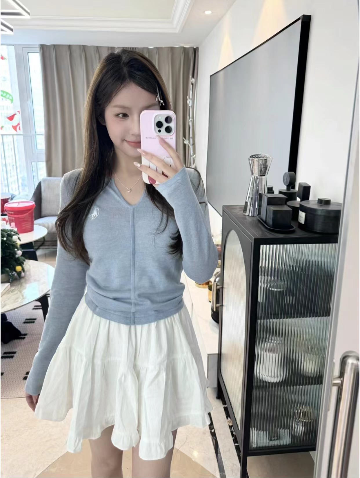 實拍 簡約藍 甜美少女芭蕾風修身顯瘦百搭套頭V領長袖上衣