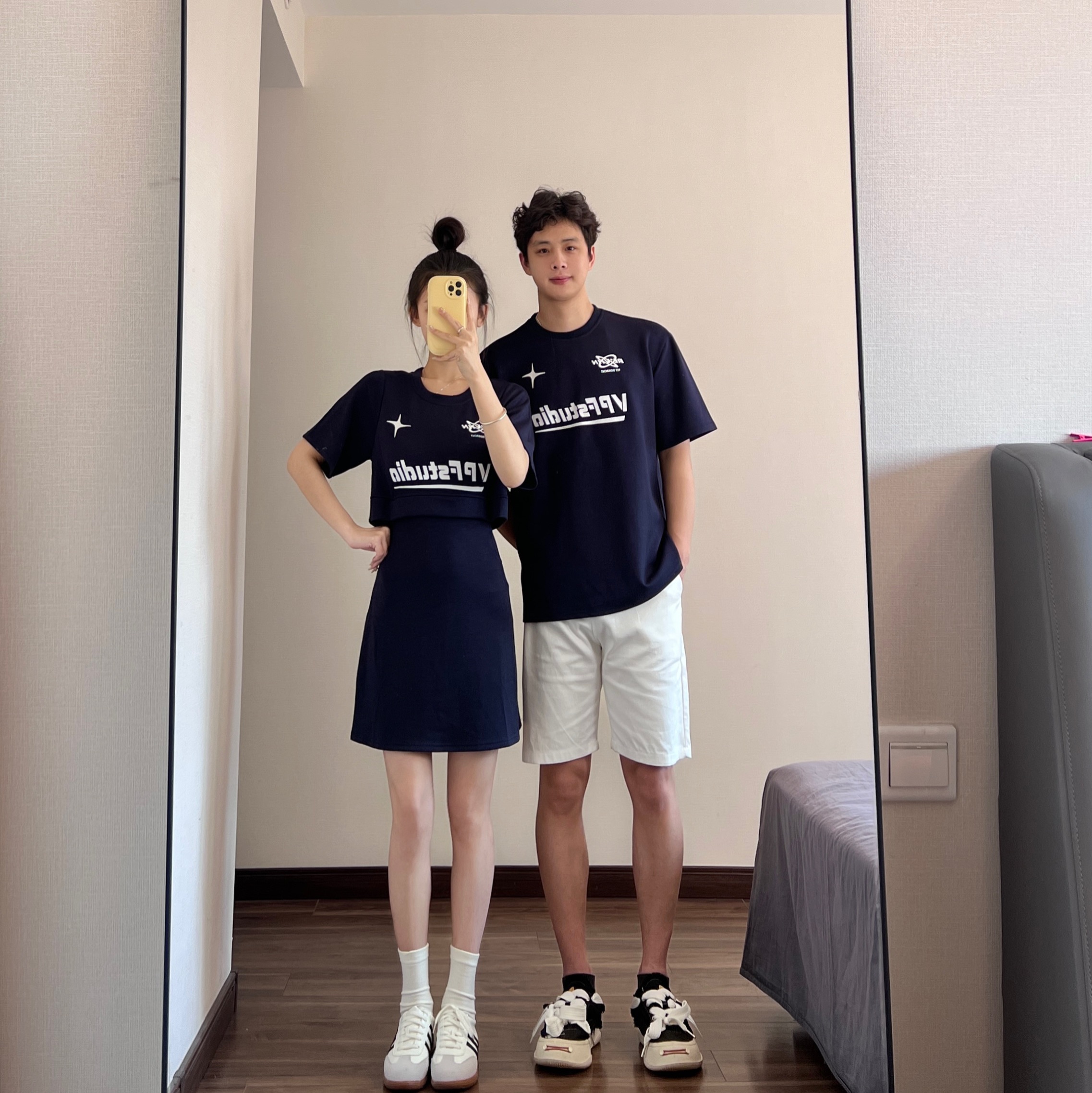 實拍#出貨中#情侶裝夏季鏤空小眾設計感短袖高腰連衣裙一衣一裙