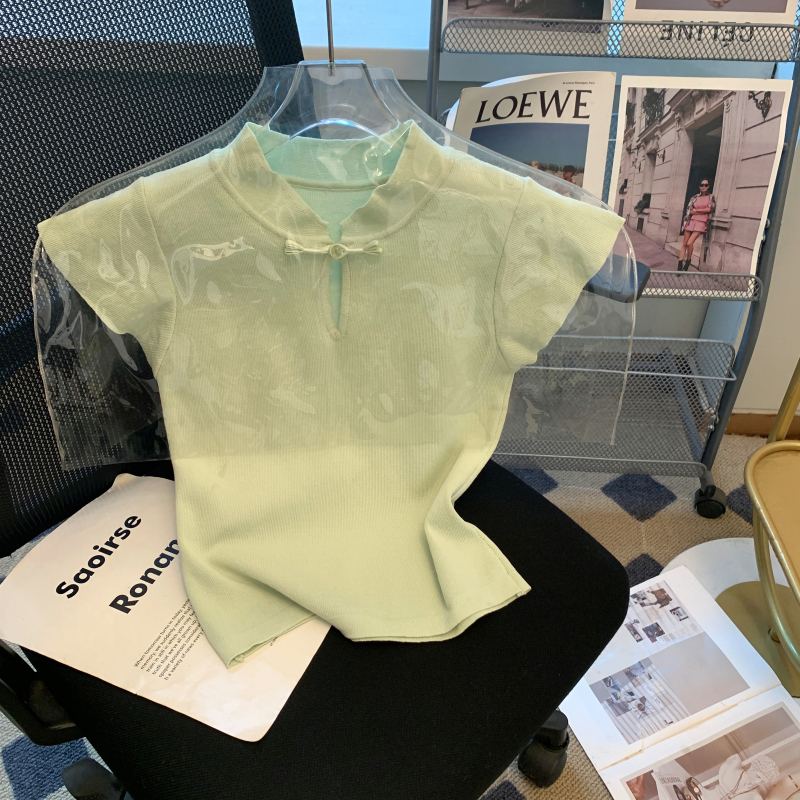 新中式盤扣小飛抽上衣女夏季新款復古國風立領針織修身短款打底衫