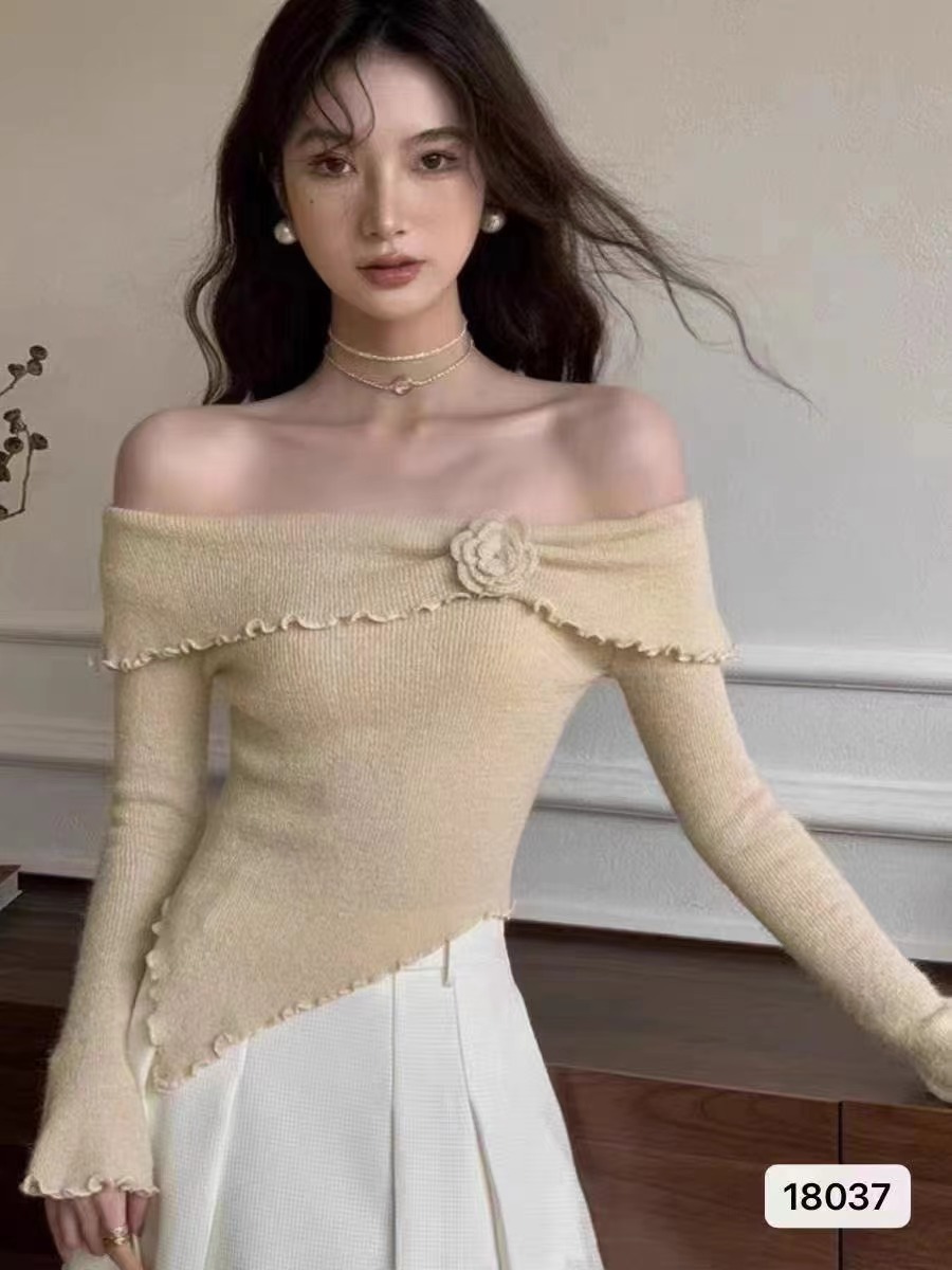 春秋新款韓版溫柔一字肩花朵木耳邊不規則長袖上衣女