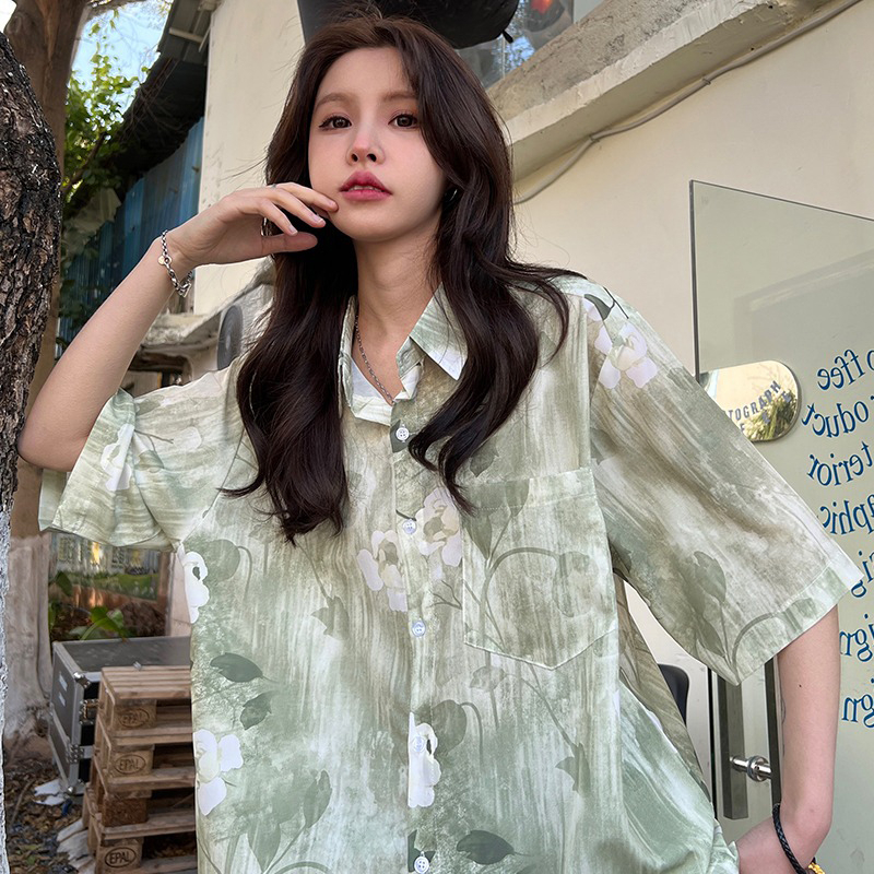 美式復古襯衫女扎染花朵小眾設計感潮外穿慵懶風bf高級襯衣夏威夷