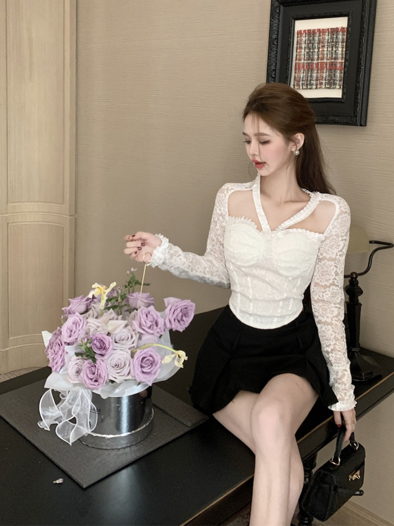 實拍 純欲辣妹性感掛脖上衣女顯身材帶胸墊絕美別致蕾絲打底衫
