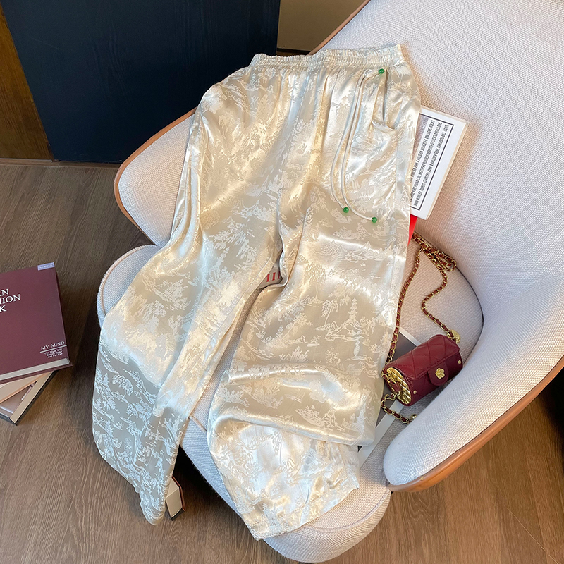 新中式國風提花褲女春季2024新款寬鬆垂感窄版直筒闊腿休閒褲