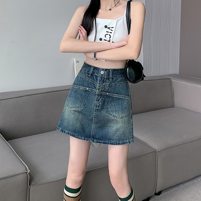 2024夏季牛仔半身短裙女高腰顯瘦寬鬆闊腿A字設計感小眾裙褲子