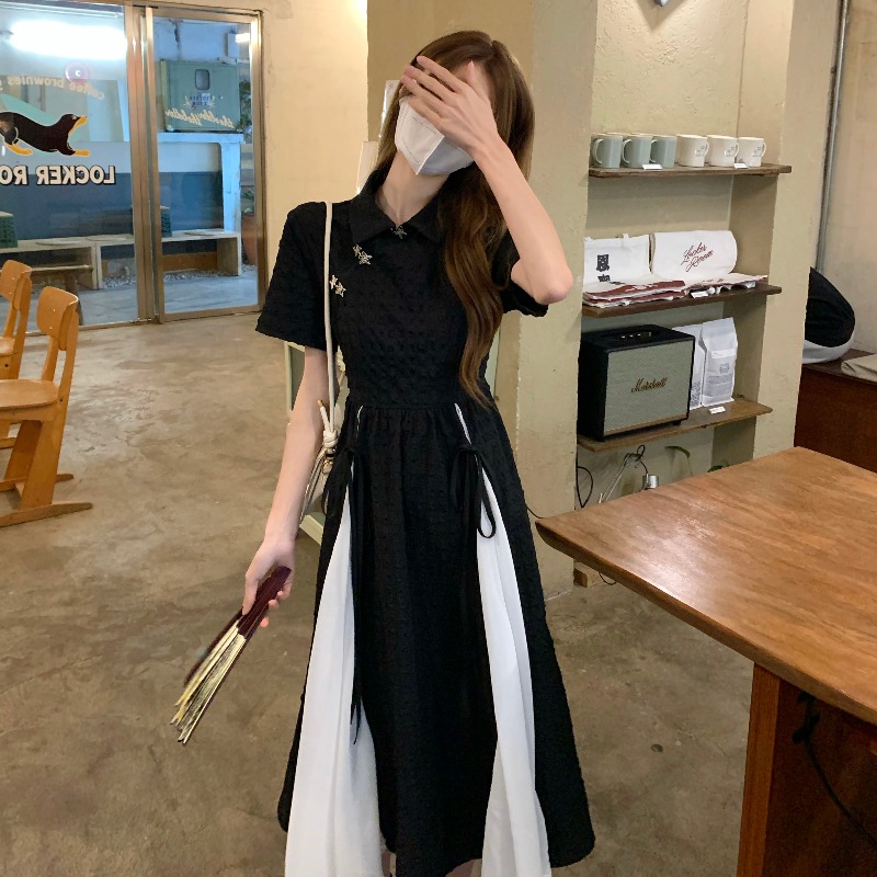 改良旗袍連衣裙女夏季2024新款設計感小眾高級感收腰顯瘦短袖長裙