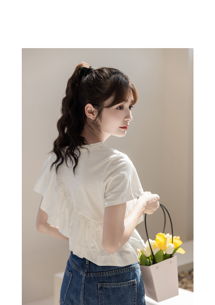 荷葉邊短袖T恤女夏韓版2024新款設計感小眾白色獨特别致上衣