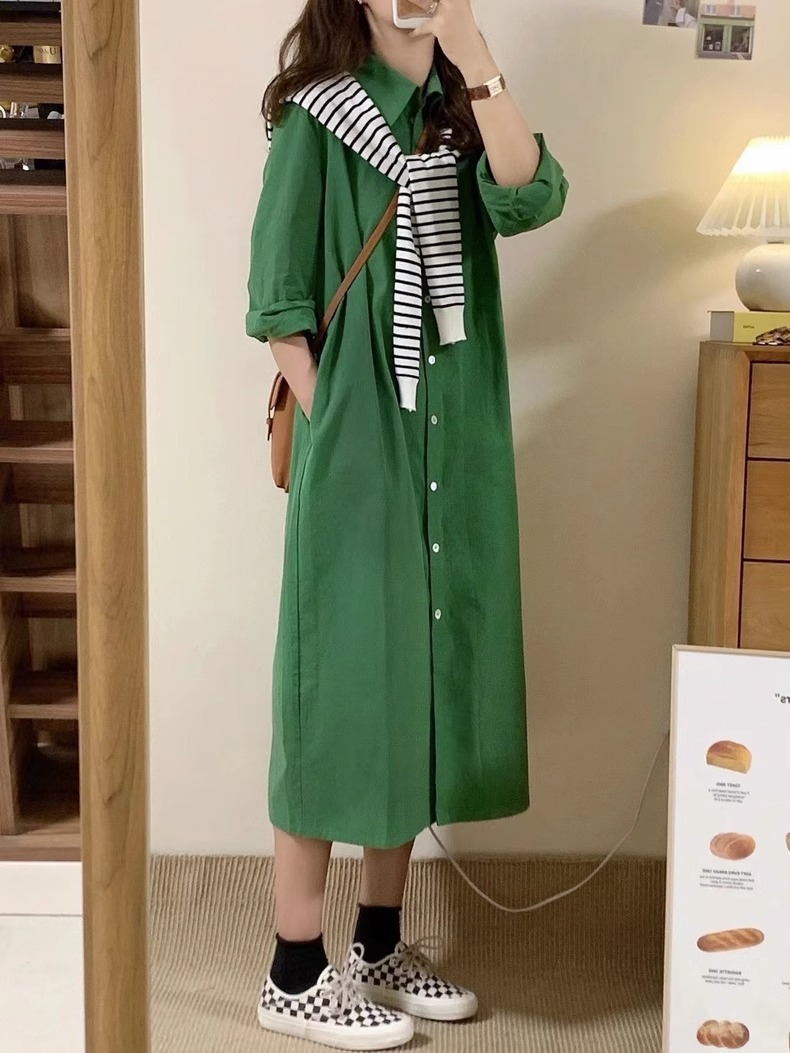 2024春裝新款法式兩件套條紋披肩襯衫裙女休閒寬鬆顯瘦連衣裙子潮