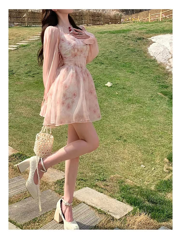 夏季新款韓版顯瘦粉色玫瑰印花掛脖連衣裙