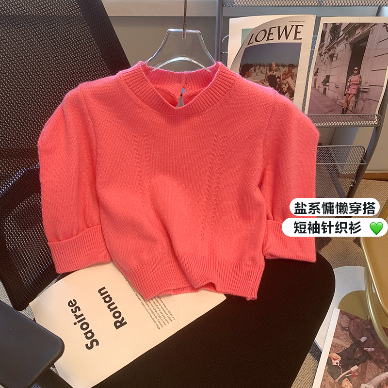 實拍泡泡袖上衣女春季2024新款法式粉色毛衣打底衫溫柔短款針織衫