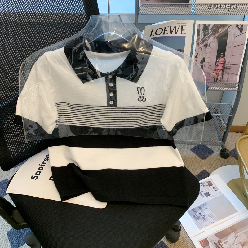 2024兔子刺繡撞色翻領針織短袖t恤女夏季減齡休閒Polo衫上衣