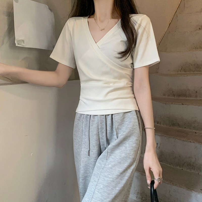 2024新款 V領交叉正肩短袖t恤女夏季遮肚顯瘦甜辣性感上衣藏肉