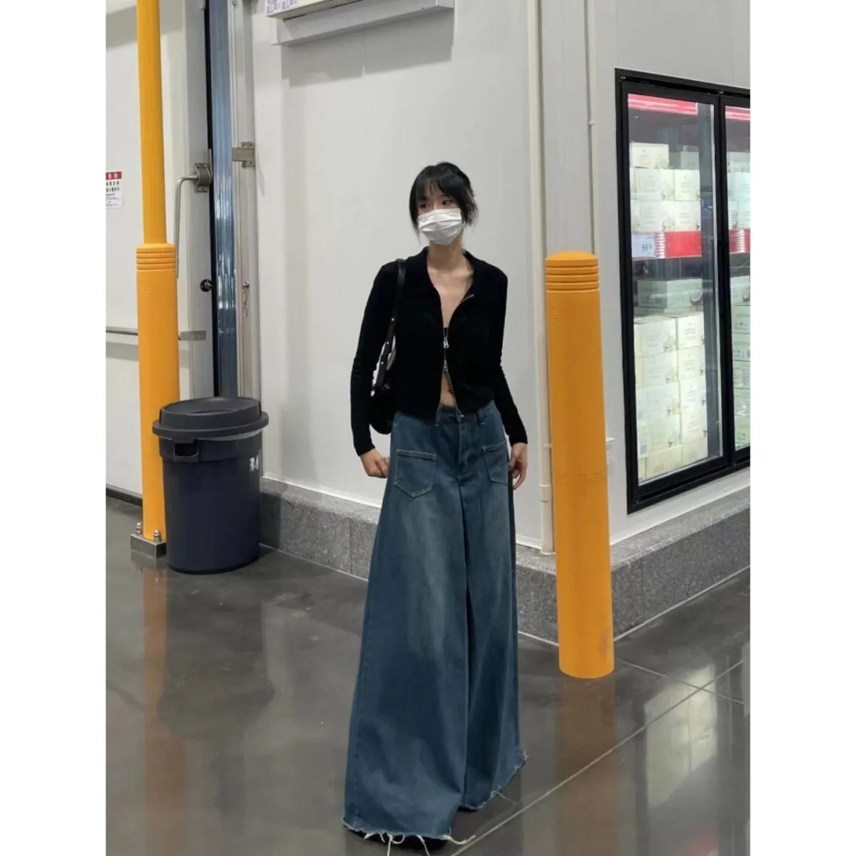 大碼港味復古高腰牛仔褲女i夏季ns風設計感寬鬆闊腿毛邊拖地褲子