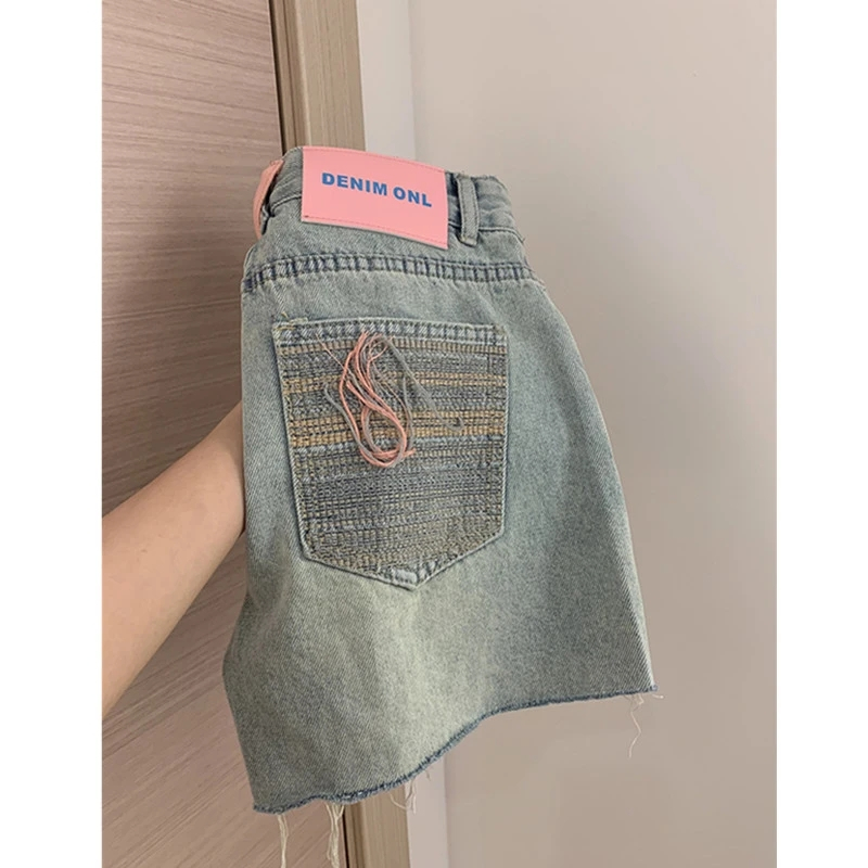 復古水洗牛仔短褲女夏季高腰口袋刺繡流蘇破洞a字設計感小眾褲子