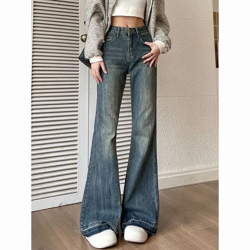 馬蹄褲美式微喇復古牛仔褲女早秋新款秋冬高腰顯瘦毛邊喇叭褲