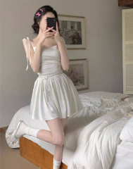 White High-End Sensory Strap Dress for Women - Summer Fairylike Waist Cinching Backless Skirt Sweet and Spicy Girl Style A-Line Short Skirt