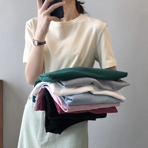 Actual shot~Solid color short-sleeved T-shirt for women 2024 spring and summer new Korean style basic round neck loose white bottoming top