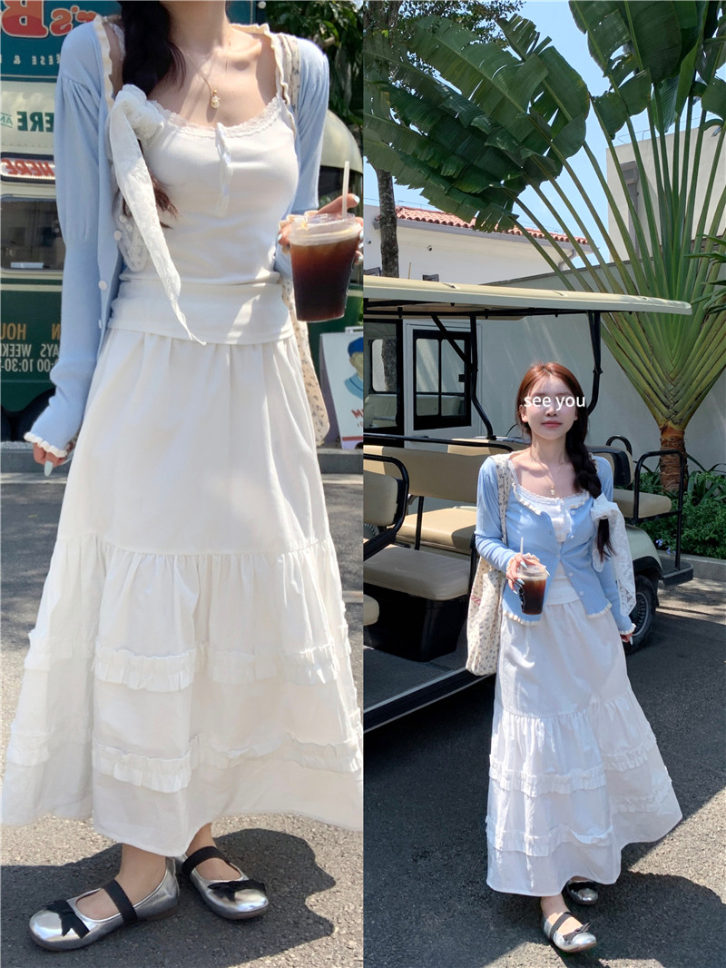 實拍韓系蕾絲邊吊帶+針織開衫+白色花邊半身裙