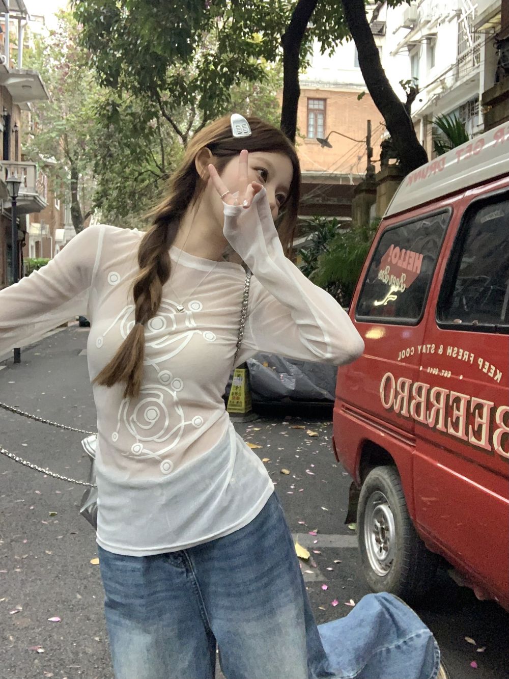 實拍三標齊漩渦工藝半透網紗連帽T恤衫女